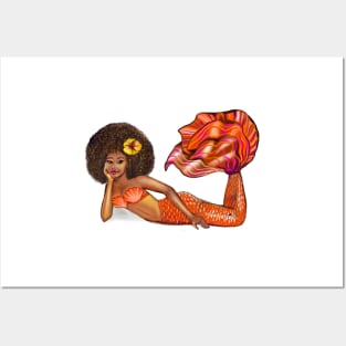 Mermaid with yellow hibiscus flower in her Afro relaxing Posters and Art